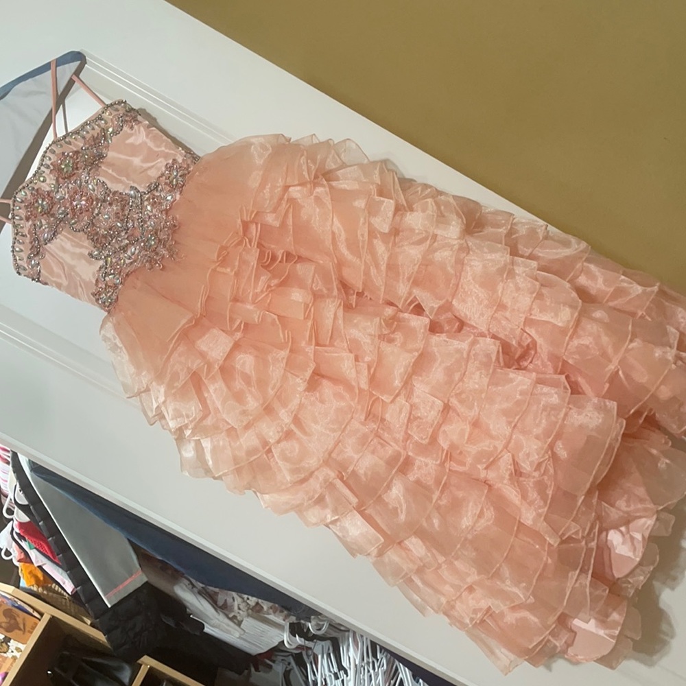 Peach high-low beaded dress